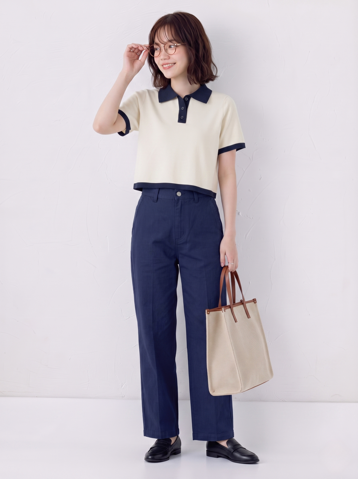 配色POLO襟ショート丈ニットトップス