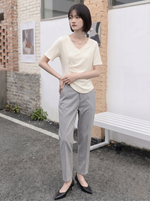 Vネック アシンメトリーギャザーTシャツ