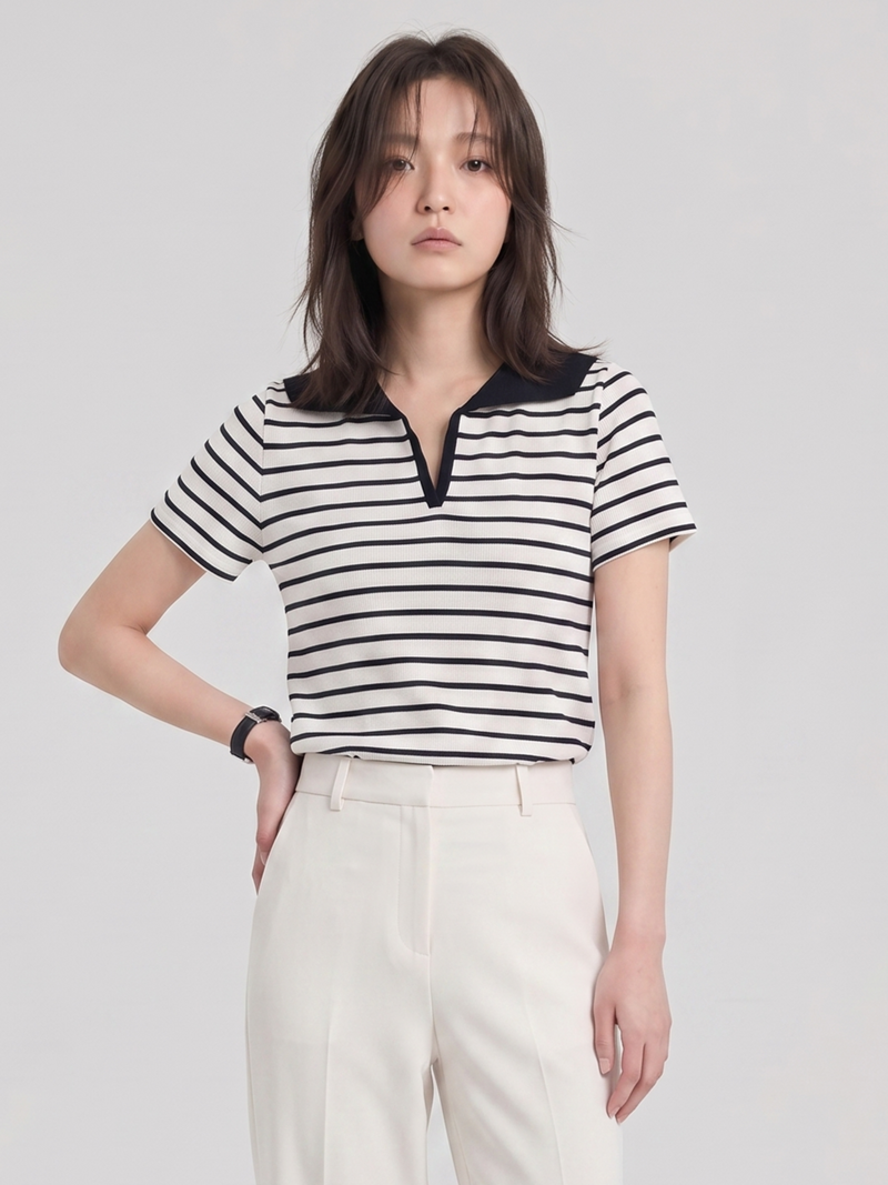 セーラー襟 配色ボーダー Vネック 半袖Tシャツ