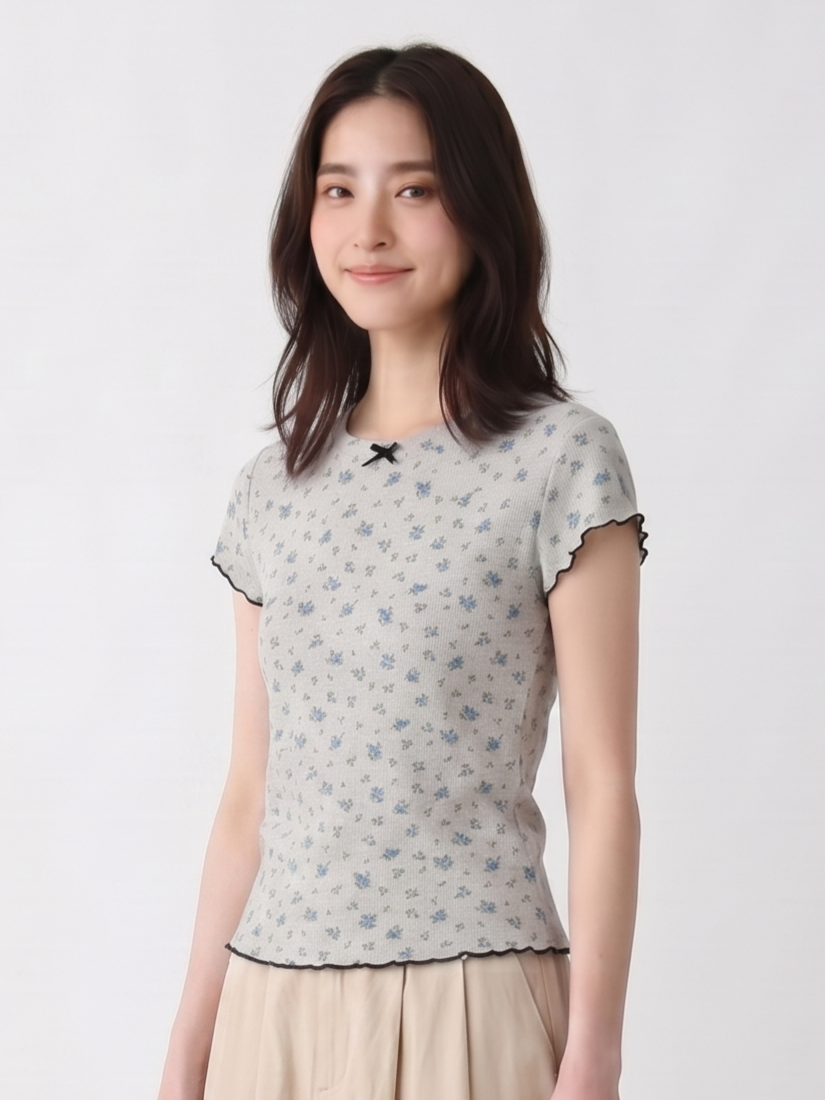 小花柄ジャカード リボンネック ニットTシャツ