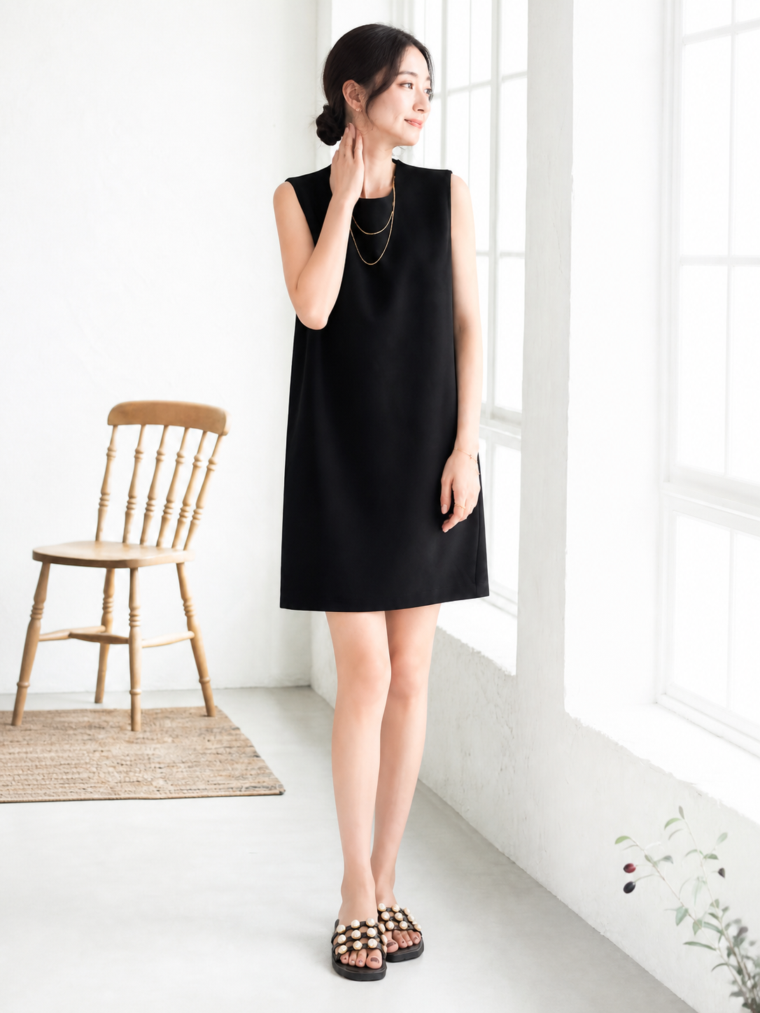 S~XL 【全2色】ラウンドネック ストレートシルエット ゆったり ノースリーブワンピース