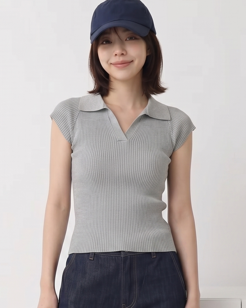 Vネック前開き すっきり細見え リブ編み ポロ襟 半袖ニット