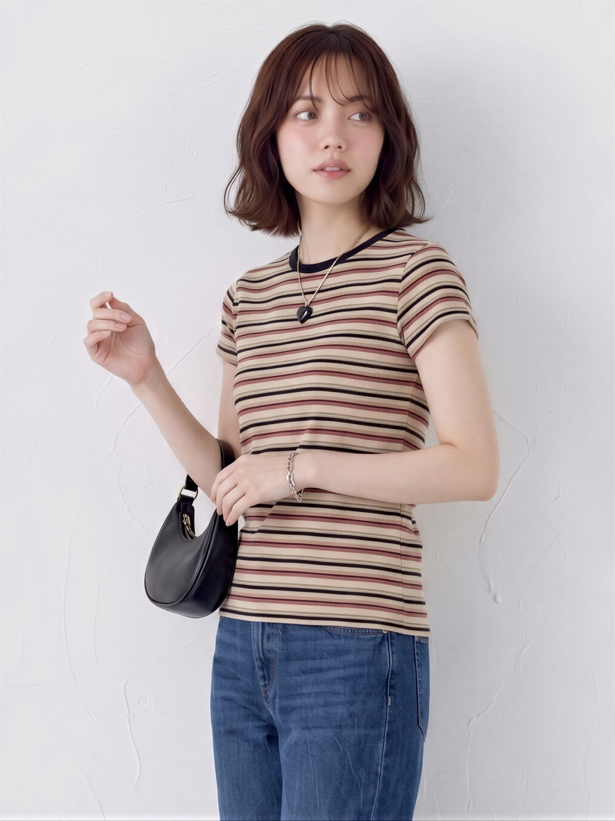 細ボーダー クルーネック フィットTシャツ