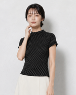 ブラック ドット柄 スタンドカラー スリムフィット 半袖Tシャツ