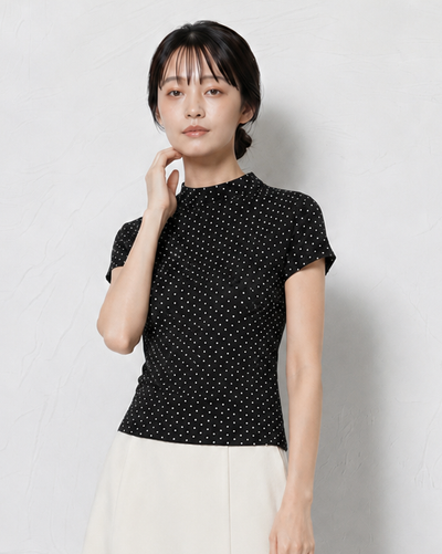 ブラック ドット柄 スタンドカラー スリムフィット 半袖Tシャツ
