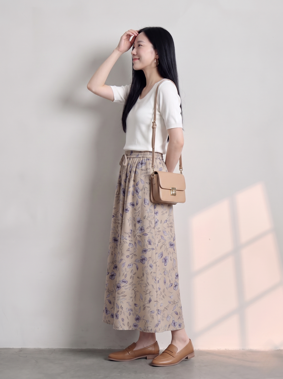 小花柄 リボン付き ウエストゴム Aライン スカート