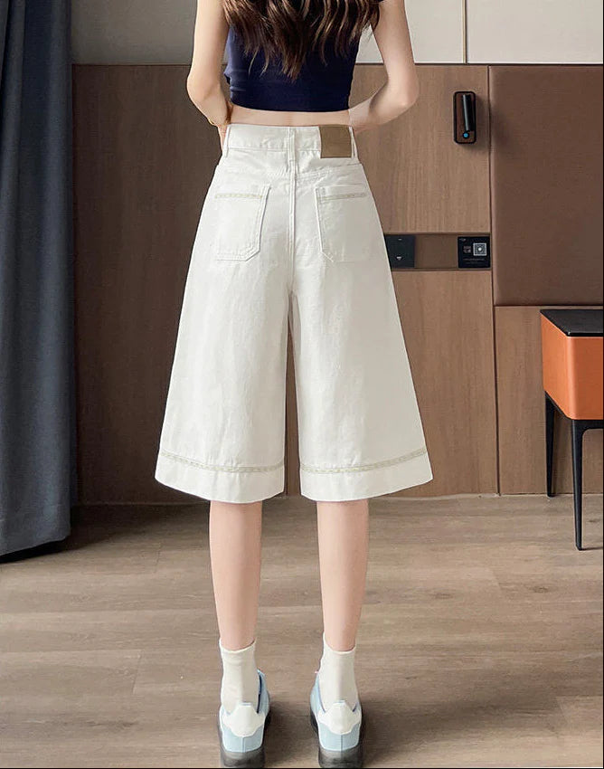 ハイウエスト Aライン ワイドレッグ デニムハーフパンツ