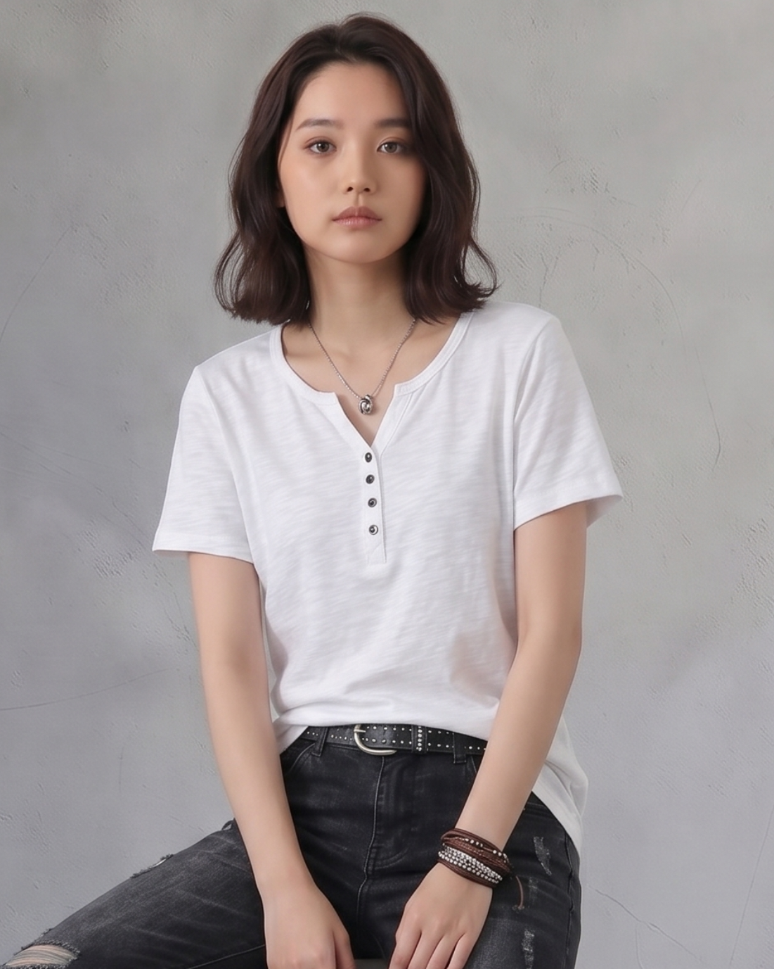 深V前立てボタン付き すっきり細見え 半袖Tシャツ