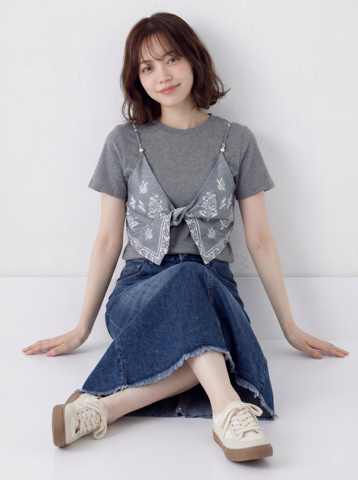 半袖Tシャツ2枚フェイクスカーフ個性的アートキルティングトップス