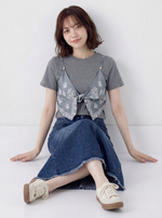 半袖Tシャツ2枚フェイクスカーフ個性的アートキルティングトップス