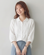 【全3色】M~2XL 七分袖ラミーシャツ｜フレンチピンタック ナチュラルレトロなゆったりコットンリネントップス