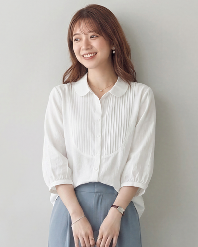 【全3色】M~2XL 七分袖ラミーシャツ｜フレンチピンタック ナチュラルレトロなゆったりコットンリネントップス