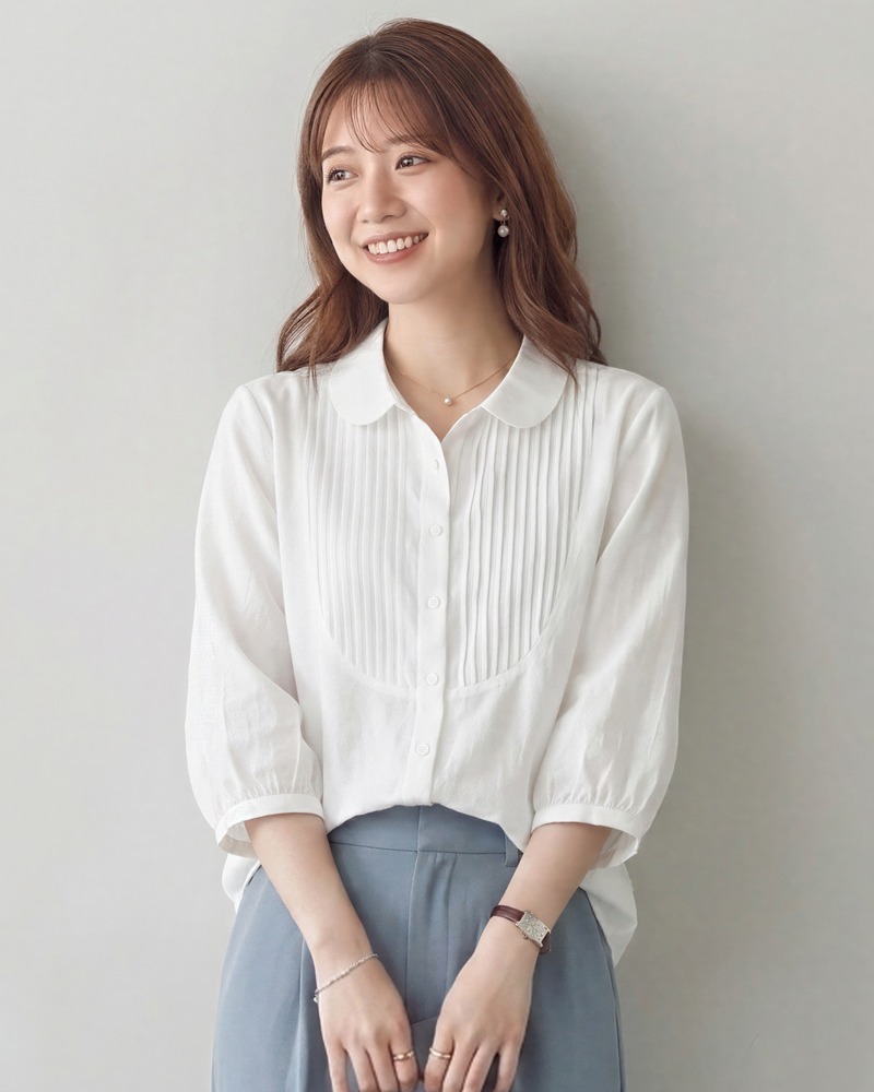 【全3色】M~2XL 七分袖ラミーシャツ｜フレンチピンタック ナチュラルレトロなゆったりコットンリネントップス