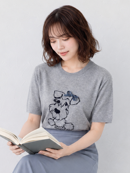 萌えおもしろ子犬刺繍！柔らか肌触りグレー半袖デザイン感ラウンドネックゆったりトップス