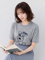 萌えおもしろ子犬刺繍！柔らか肌触りグレー半袖デザイン感ラウンドネックゆったりトップス