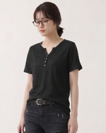 深V前立てボタン付き すっきり細見え 半袖Tシャツ