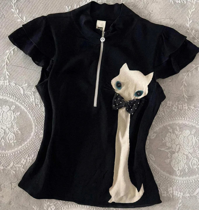 ハーフジップ スタンドカラー フリル袖 猫モチーフ 半袖Tシャツ