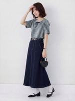ボーダー リボン付き クルーネック 半袖Tシャツ