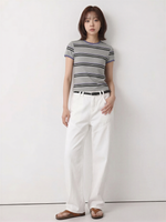 ライトグレー ストライプ 配色パイピング スリムフィット 半袖Tシャツ