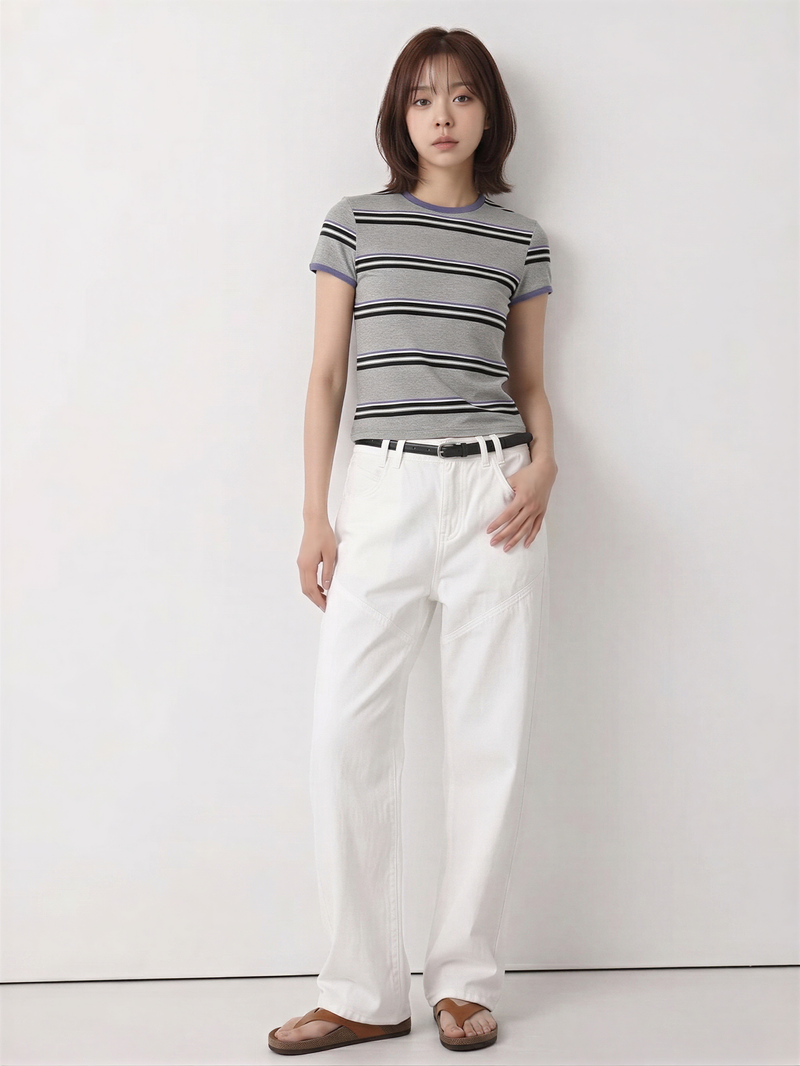 ライトグレー ストライプ 配色パイピング スリムフィット 半袖Tシャツ