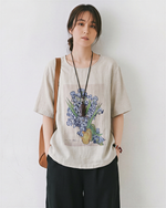 グレー クルーネック フラワープリント ゆったり 半袖Tシャツ