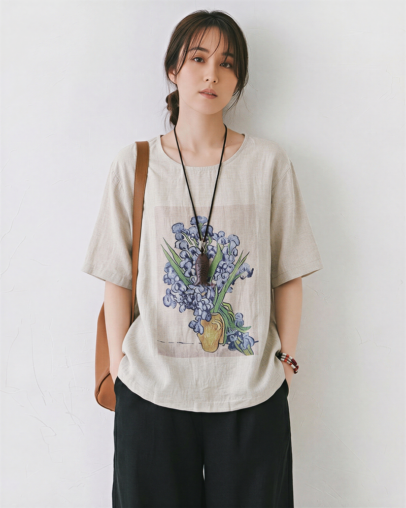 グレー クルーネック フラワープリント ゆったり 半袖Tシャツ