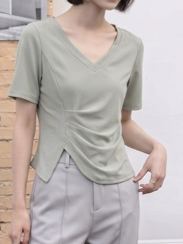 Vネック アシンメトリーギャザーTシャツ