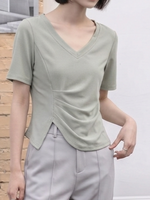 Vネック アシンメトリーギャザーTシャツ