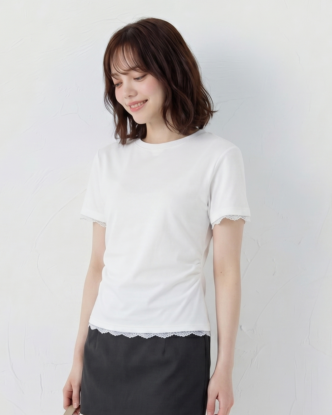 バックオープン リボン結び レース切替 クルーネック 半袖Tシャツ