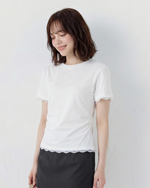 バックオープン リボン結び レース切替 クルーネック 半袖Tシャツ