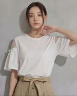 オフショルダー切替 フリルスリーブ ゆったり半袖Tシャツ