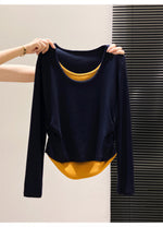 S~XL レイヤード風 クルーネック スリムフィット フェイクツーピース 長袖Tシャツ