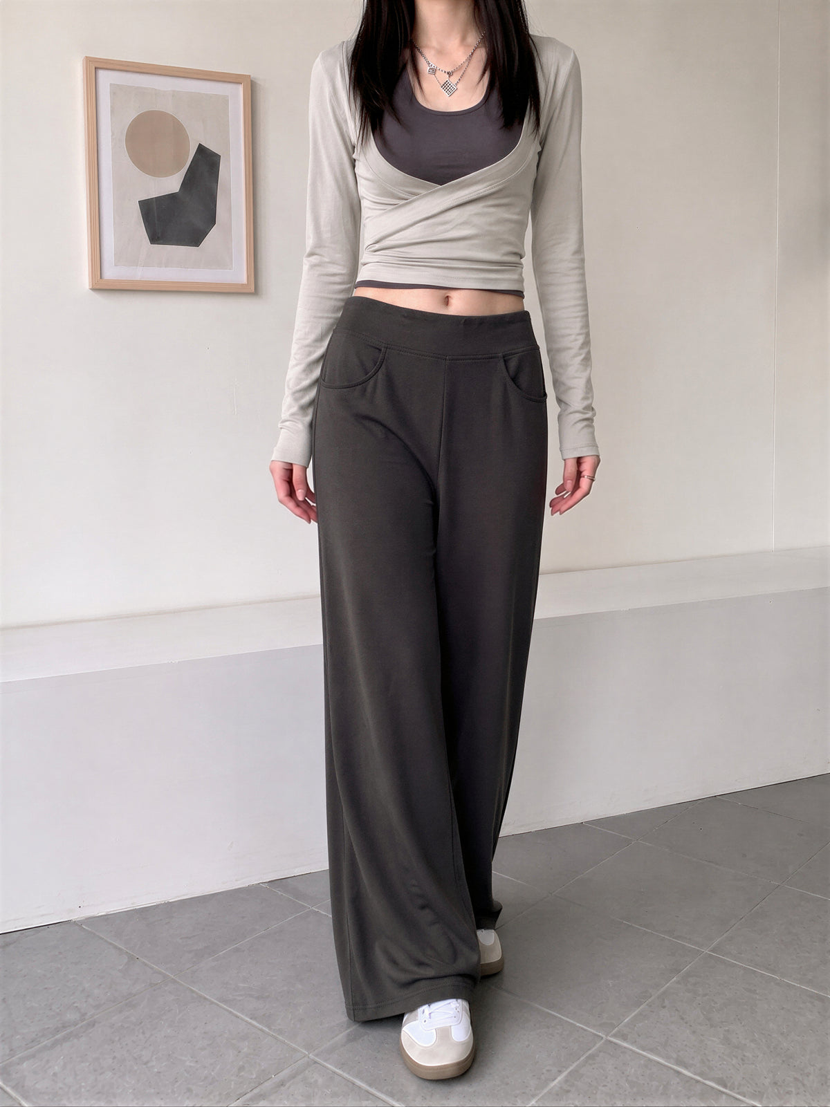 【全3色】S-XL ハイウエスト 落ち感ストレートワイドパンツ