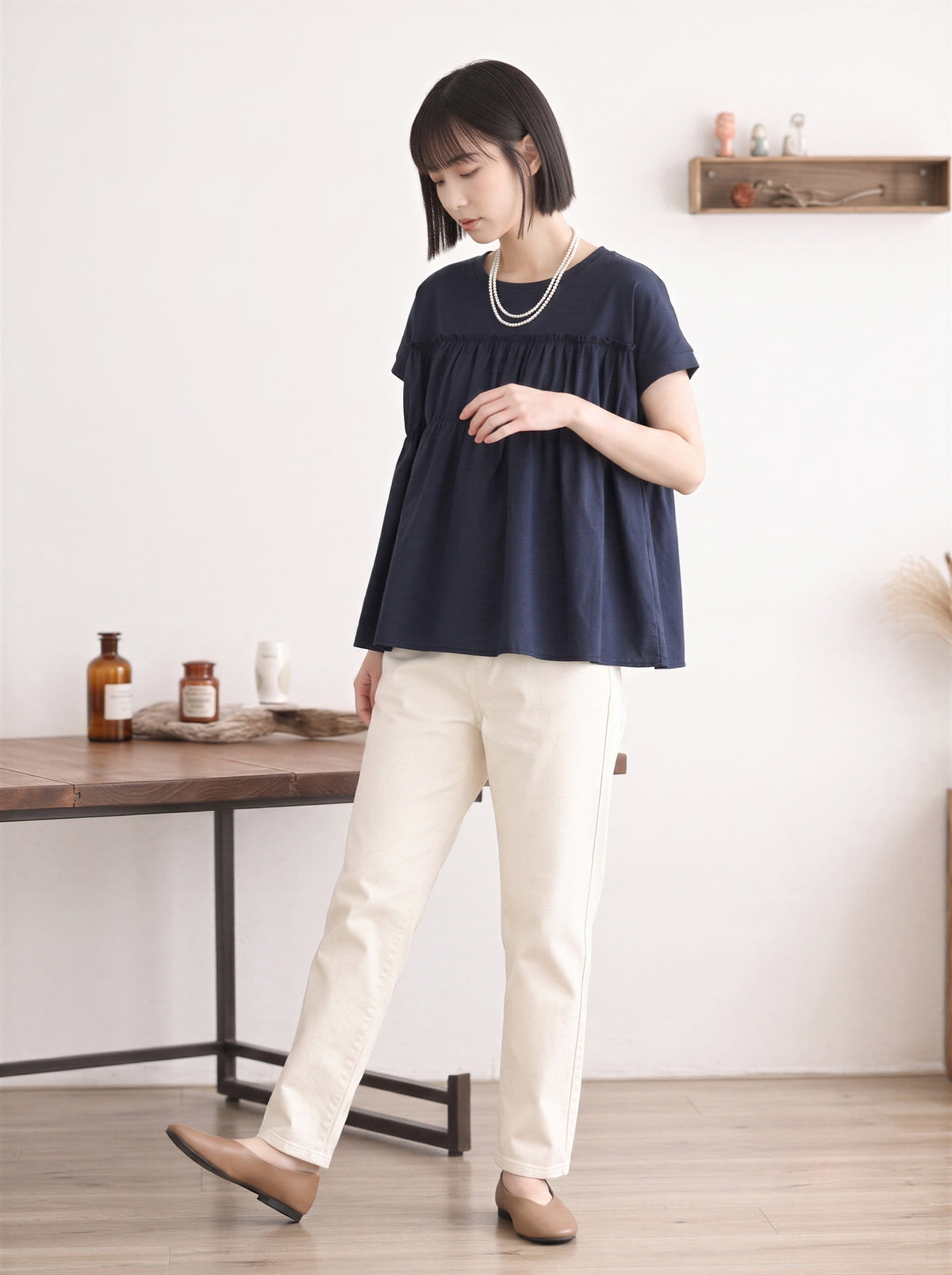 切り替えギャザー入り ゆったりTシャツ