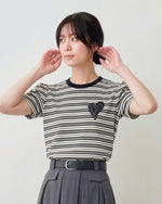 黒×白 細ボーダー ハートワッペン パフスリーブ 半袖Tシャツ