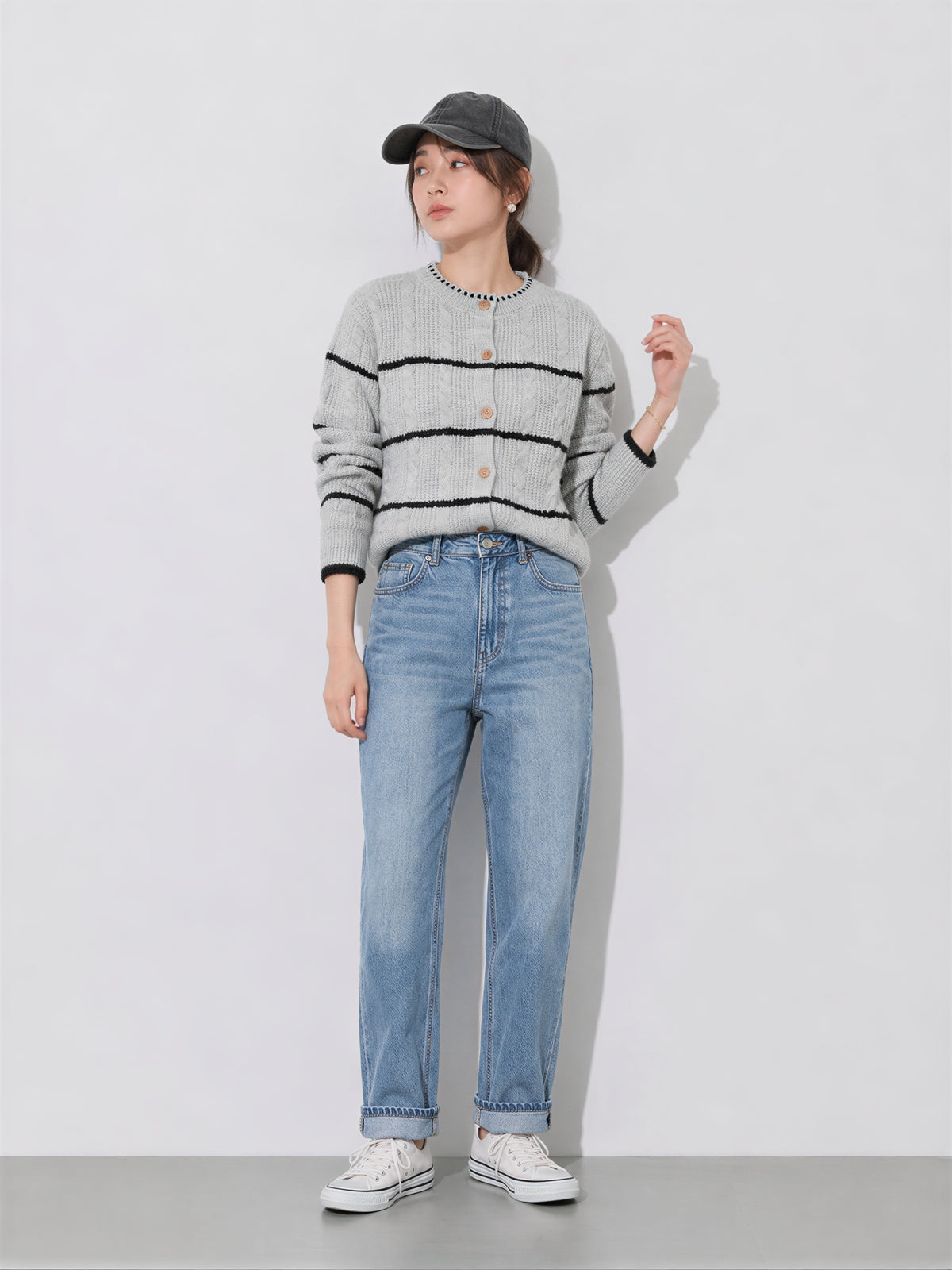 S~XL ラウンドネック ボーダーニットカーディガン