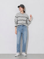 S~XL ラウンドネック ボーダーニットカーディガン