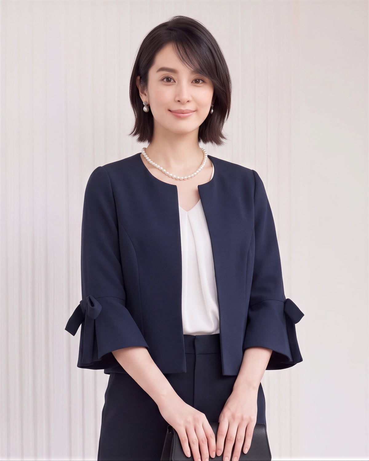 ラウンドネック フリルスリーブ リボン付き テーラードジャケット-ダークネイビー-2XL