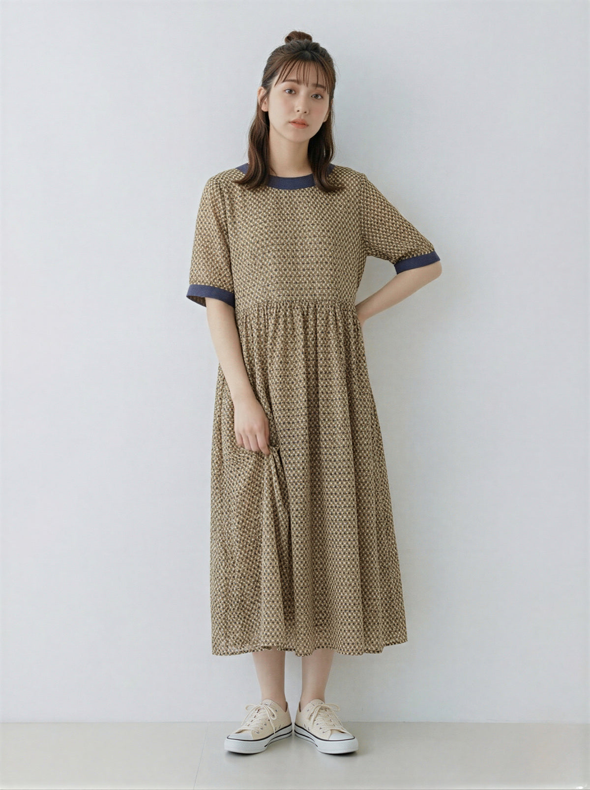 リボン結び 配色ラウンドネック 小花柄ワンピース-イエロー-2XL