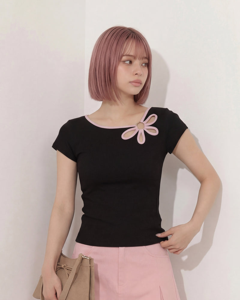 アシンメトリーオフショル風 リボン付きウエストシェイプTシャツ