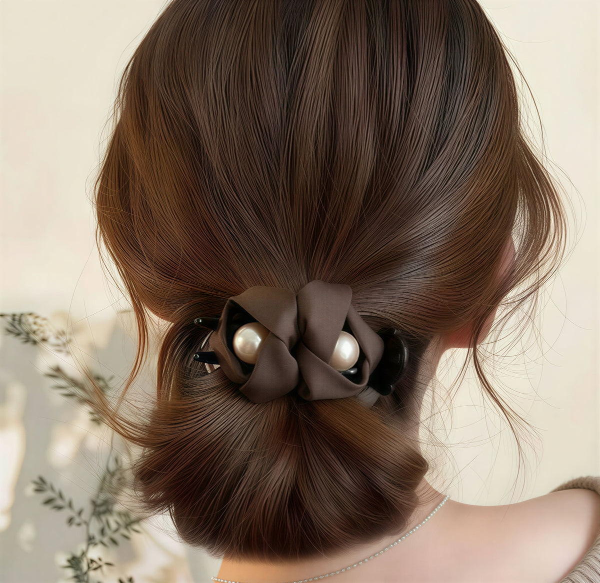 サテン調つぼみデザイン パール付きヘアクリップ-ブラウン-FREE