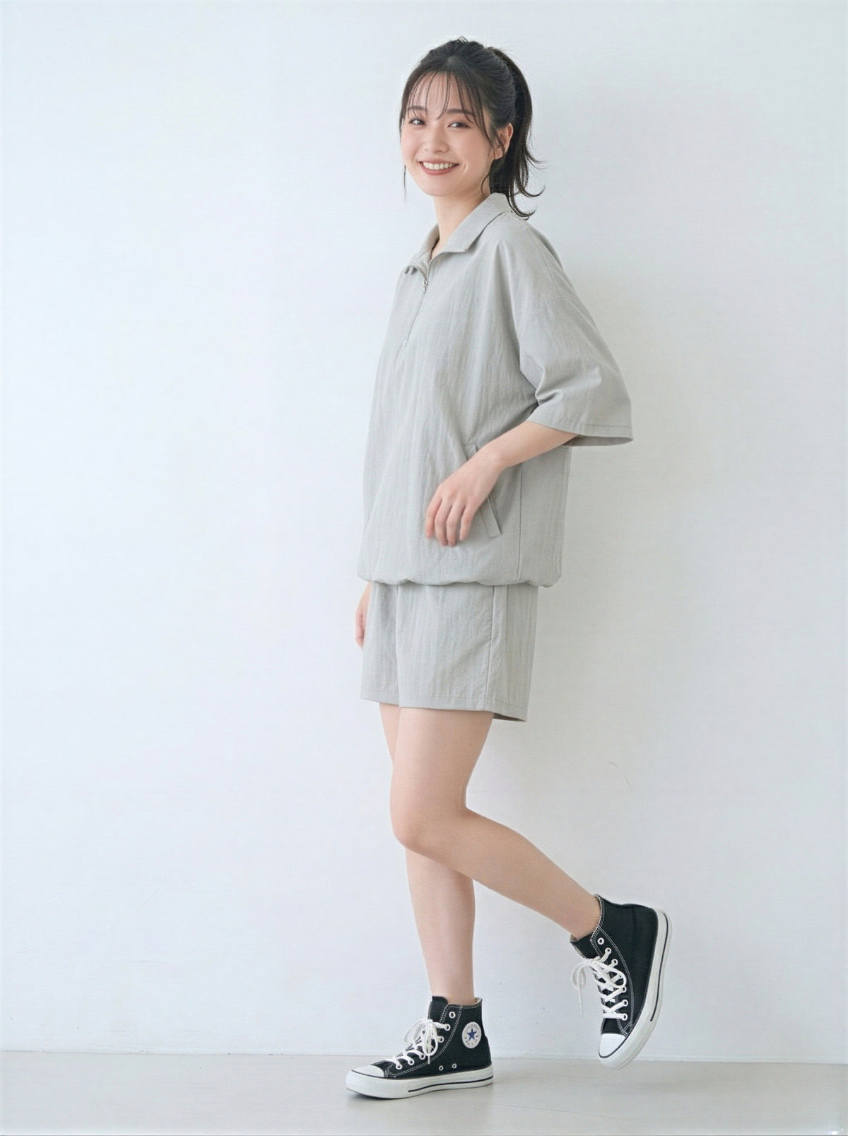 ハーフジップ 襟付き ルーズPOLOシャツ＆ショートパンツ 2点セット