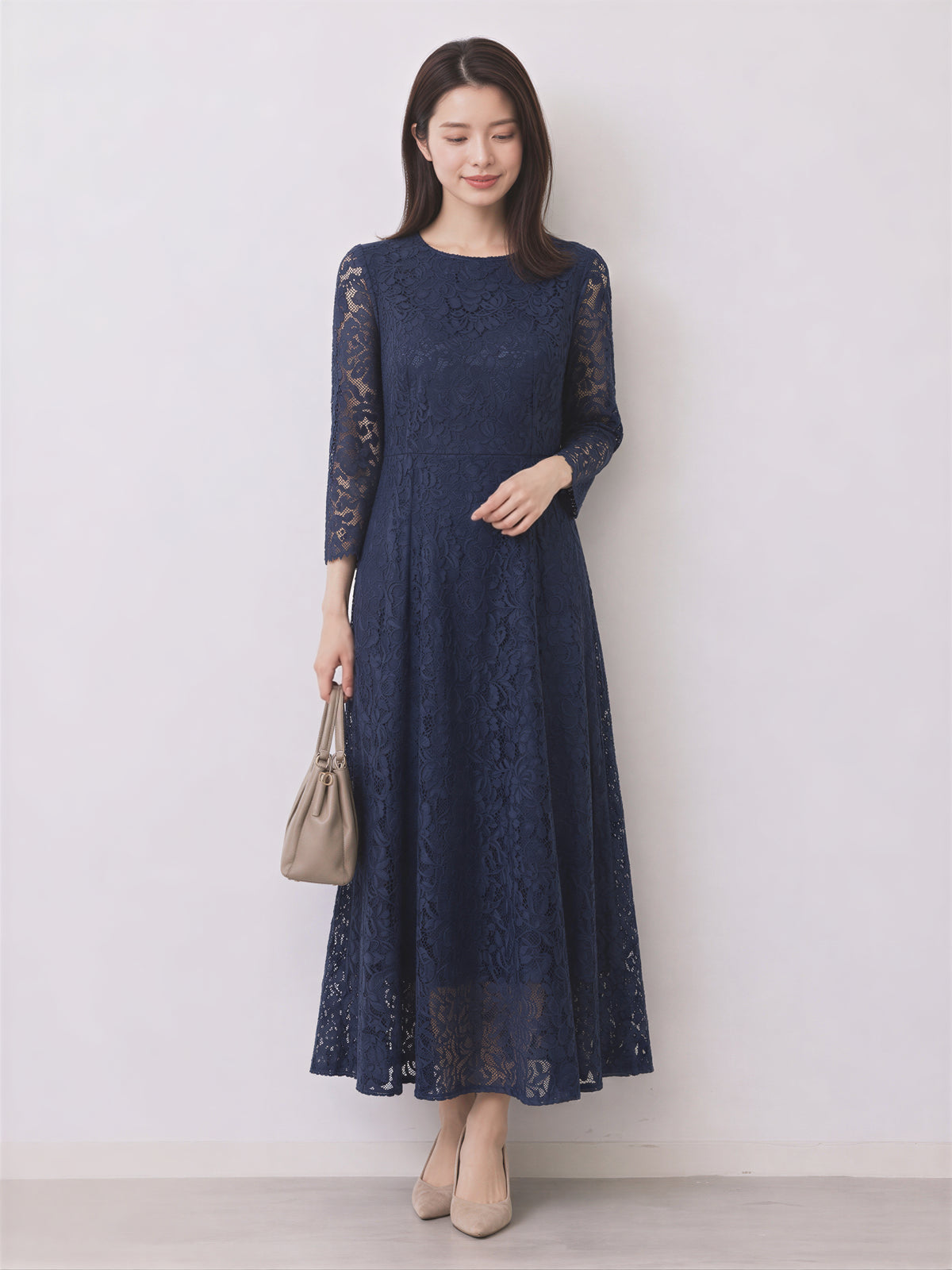 【秋新作】【全2色】S~2XL ラウンドネック 長袖 Aライン レースワンピース