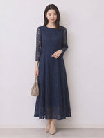 【秋新作】【全2色】S~2XL ラウンドネック 長袖 Aライン レースワンピース