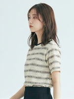 配色クルーネック ジャカードボーダーTシャツ