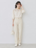 M~2XL カットワークレース切り替え パフスリーブブラウス