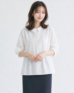 M~2XL ホワイト 透かし柄 襟付き ゆったり長袖シャツ