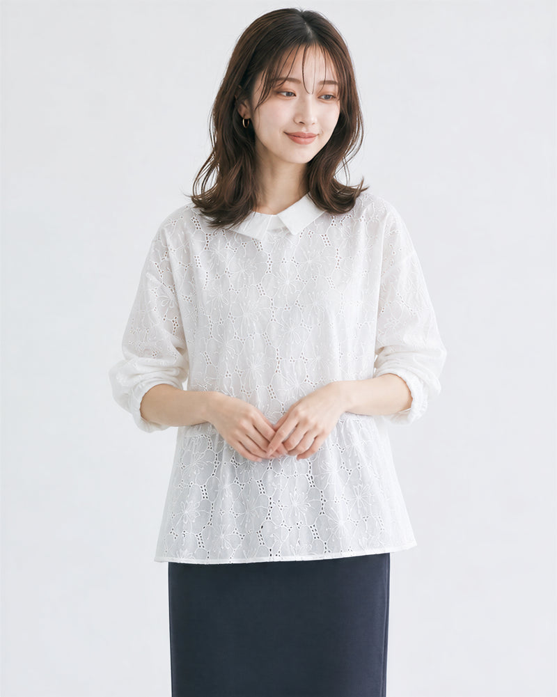 M~2XL ホワイト 透かし柄 襟付き ゆったり長袖シャツ