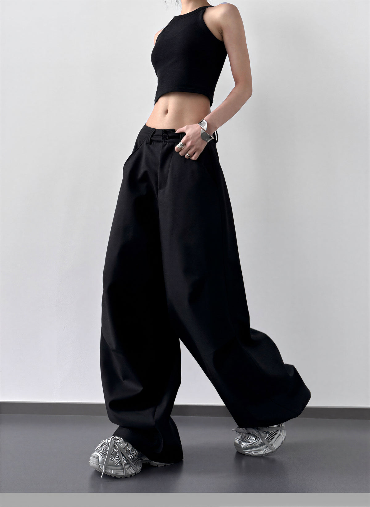 S-XL ローライズ 立体プリーツ ワイドパンツ