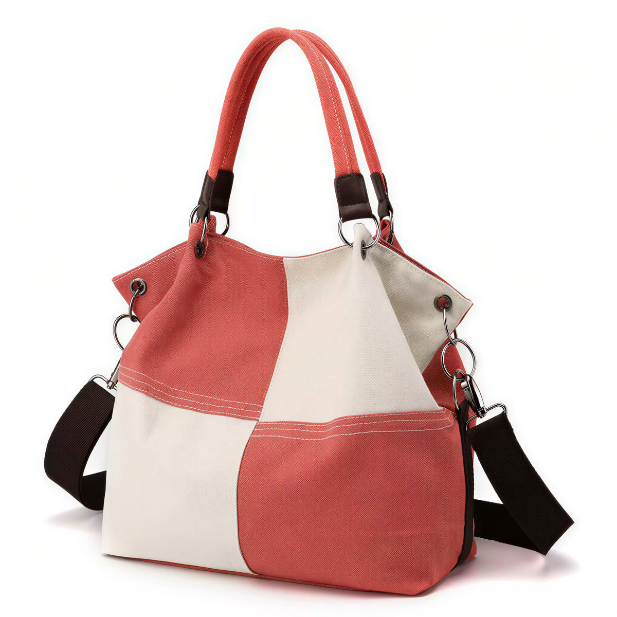 切り替えデザイン 大容量 キャンバストートバッグ-レッド-FREE